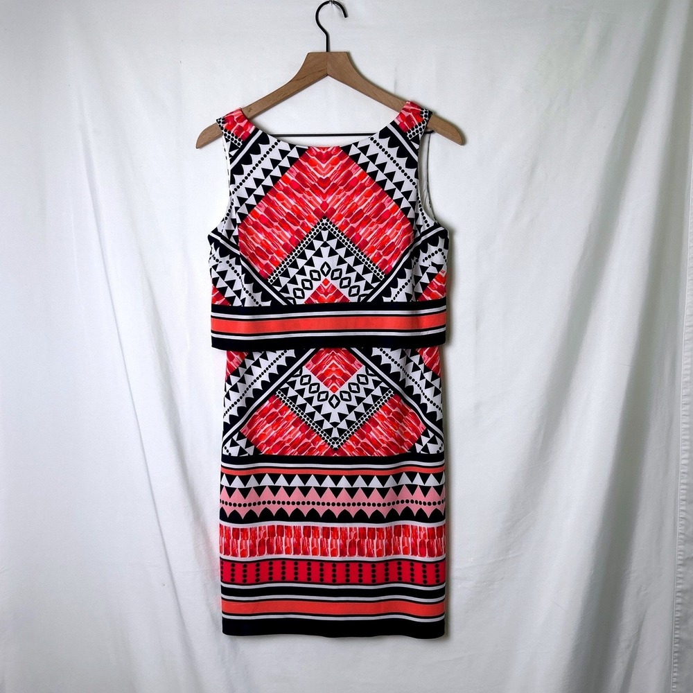Vince Camuto Women Popover Tribal Sheath Dress Size 6 Coral Navy Summer Cocktail